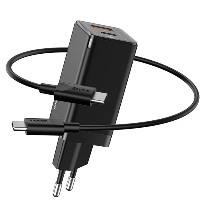 Сетевое зарядное устройство Baseus GaN Mini Quick Charger C+U 45W EU(With Mini Cable Type-C to Type-C 60W（20V/3A）1m）Black