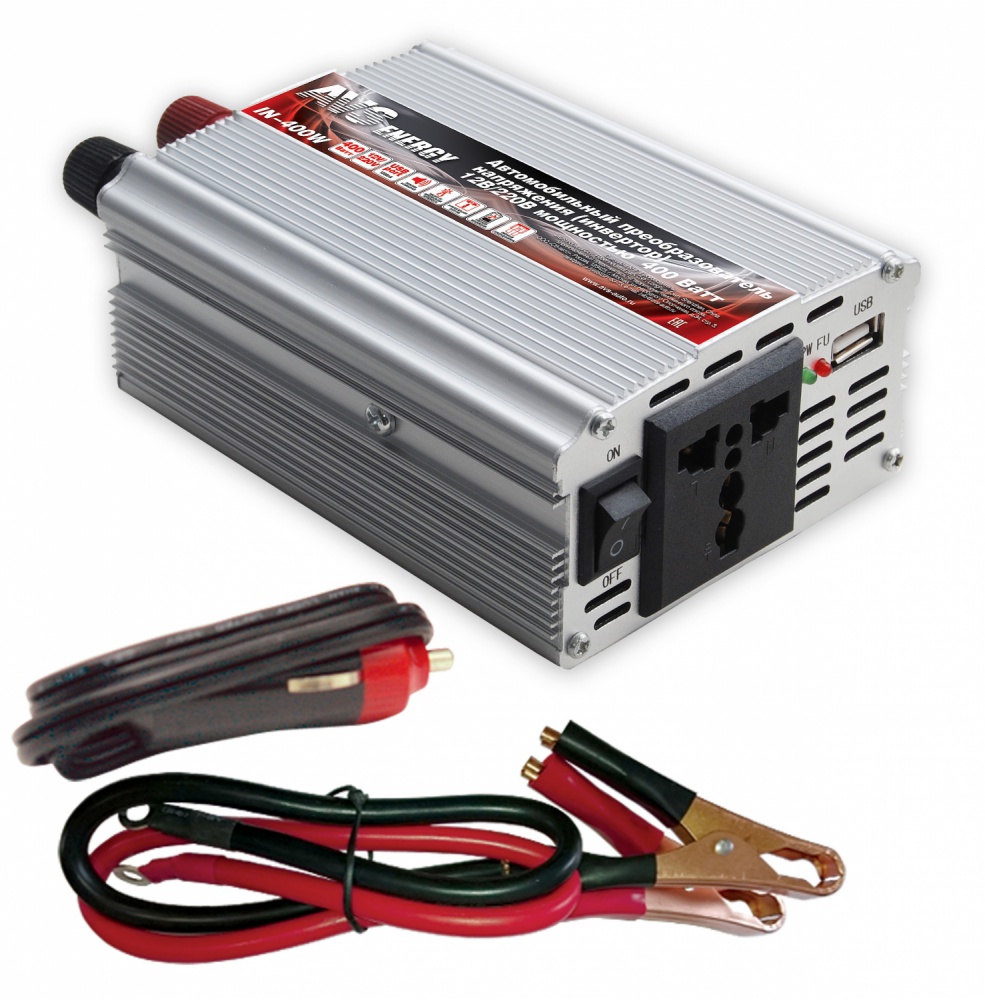 Преобразователь напряжения автомобильный AVS IN-400W (12В > 220В, 400 Вт, USB)