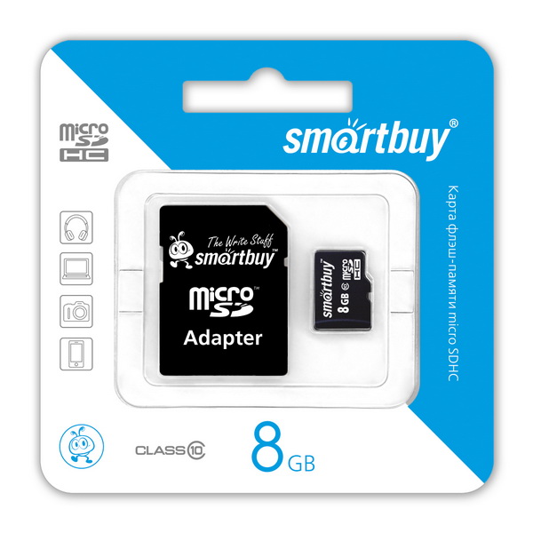 Карта памяти SmartBuy microSDHC Class 10 8GB + SD adapter