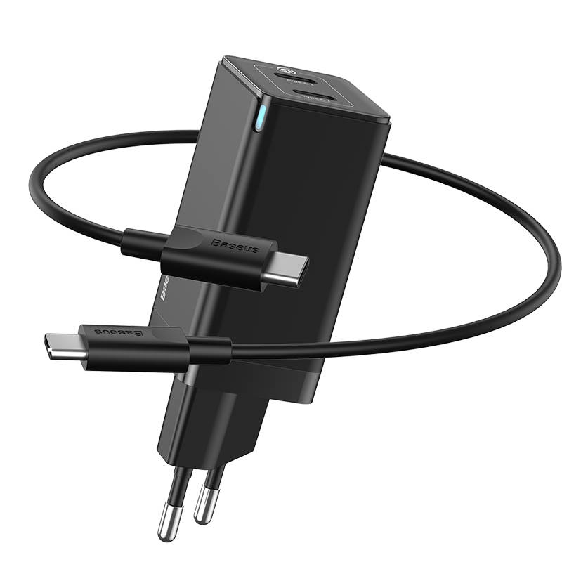 Сетевое зарядное устройство Baseus GaN2 Quick Charger C+C 45W EU(With Mini Cable Type-C to Type-C 60W（20V/3A）1m）Black