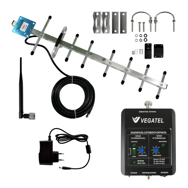 Усилитель сигнала сотовой связи GSM для дачи VEGATEL VT-900E-kit (LED) (+ кронштейн для антенны в подарок!)