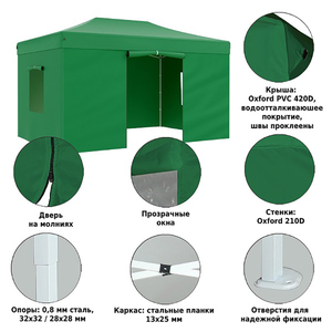 Тент-шатер быстросборный Helex 4336 3x4,5х3м полиэстер зеленый, фото 3