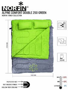 Мешок-одеяло спальный Norfin ALPINE COMFORT DOUBLE 250 GREEN, фото 6