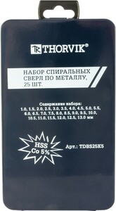 Thorvik TDBS25K5 Набор спиральных сверл по металлу HSS Co в металлическом кейсе, d1.0-13.0 мм, 25 предметов, фото 3