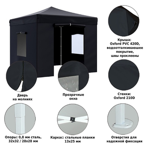 Тент-шатер быстросборный Helex 4332 3x3х3м полиэстер черный, фото 3