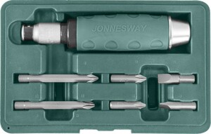 JONNESWAY AG010055A Ударная отвертка с битами SL 8,10мм PH# 2,3 36мм и PH# 2,3 80мм, 7 предметов, фото 1