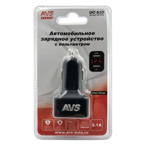 Автомобильное зарядное устройство AVS UC-523 с вольтметром (2-USB,3.1А)