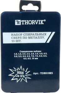 Thorvik TDBS19K5 Набор спиральных сверл по металлу HSS Co в металлическом кейсе, d1.0-10.0 мм, 19 предметов, фото 1