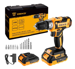 Аккумуляторная дрель-шуруповерт DEKO Banger 20V ONE+ 13 предметов в кейсе, 2x3.0Ач, фото 1