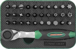 JONNESWAY RD01032S Набор рукоятка трещоточная миниатюрная 1/4"DR со вставками-битами, 32 предмета, фото 1