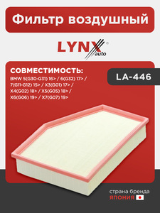 Фильтр воздушный LYNXauto LA-446. Для: BMW БМВ 5(G30-G31) 16> / 6(G32) 17> / 7(G11-G12) 15> / X3(G01) 17> / X4(G02) 18> / X5(G05) 18> / X6(G06) 19> / X7(G07) 19>, фото 1