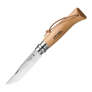 Нож Opinel №8, нержавеющая сталь, рукоять из бука, с кожаным темляком, фото 3