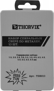Thorvik TDBS13 Набор спиральных сверл по металлу HSS TiN в металлическом кейсе, d1.5-6.5 мм, 13 предметов, фото 2