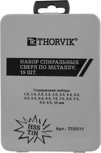 Thorvik TDBS19 Набор спиральных сверл по металлу HSS TiN в металлическом кейсе, d1.0-10.0 мм, 19 предметов, фото 2