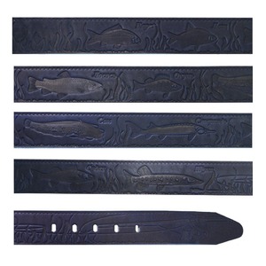 Ремень рыбака. Синий (рисунок тиснения Рыбы России, длина 130 см, ширина 4 см, натуральная кожа, подарочная коробка), фото 3