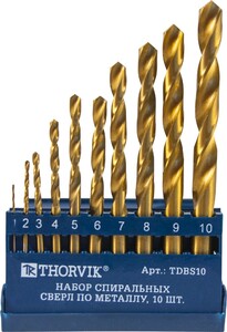 Thorvik TDBS10 Набор спиральных сверл по металлу HSS TiN в пластиковом кейсе, d1.0-10.0 мм, 10 предметов