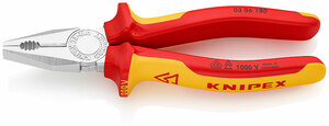 Плоскогубцы комбинированные VDE, 180 мм, хром, 2-комп диэлектрические ручки KNIPEX KN-0306180